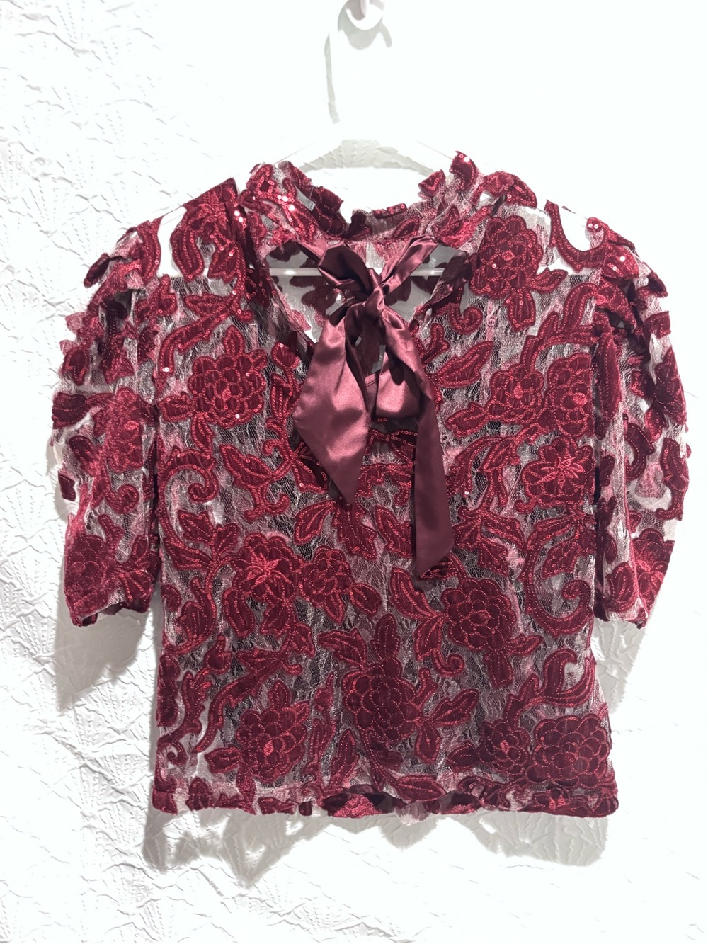 Anthropologie XS Burgundy Sequin Lace Overlay Blouse 2 Piece shirt/Tank Top - Picture 10 of 13